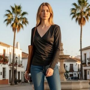 Vintage Versace Women's Black Metallic Wrap Long Sleeve Top Size S Made in Italy